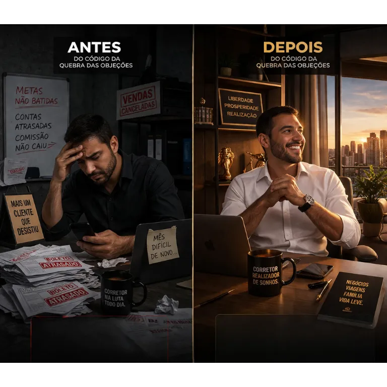 Comparativo: corretor frustrado antes do método e corretor realizado depois de aplicar o Código da Quebra de Objeções